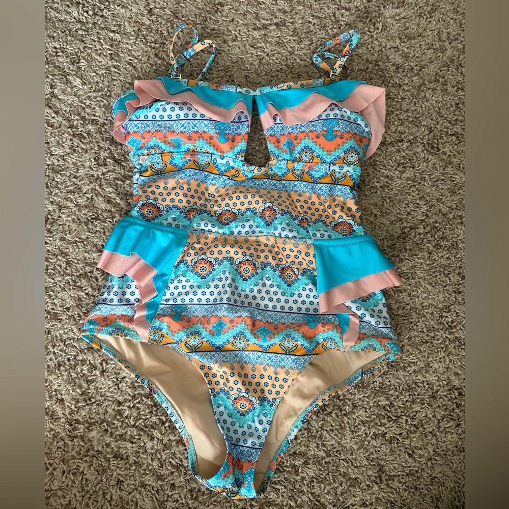 MINKPINK Blue and Pink Patterned One Piece Swimsuit